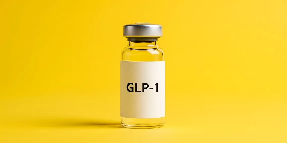 Glass vial labeled GLP-1 on a yellow background representing the class of medications including semaglutide and tirzepatide used for weight management and blood sugar control