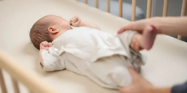 Newborn baby in crib with parent nearby showing early infant care and bowel movement monitoring