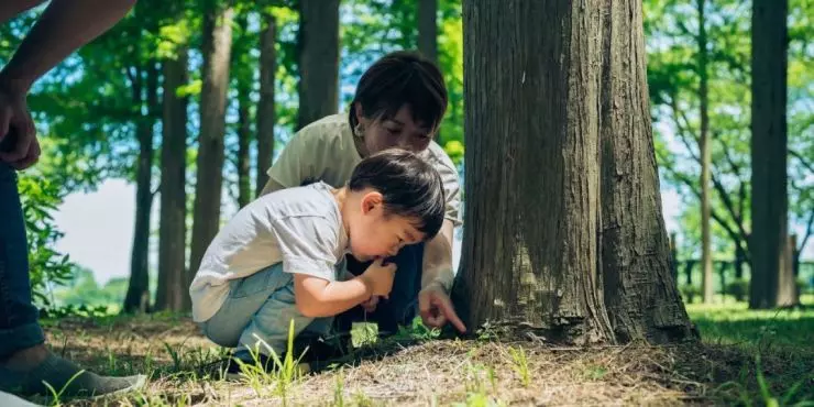Child and parent in woods